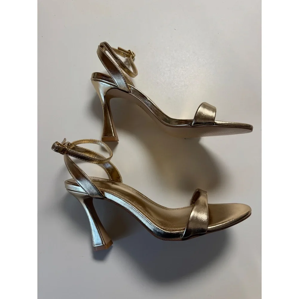 AQUA Women's Gold Metallic Strappy Stiletto Heel Sandals Ankle Strap‎ Size 6.5
